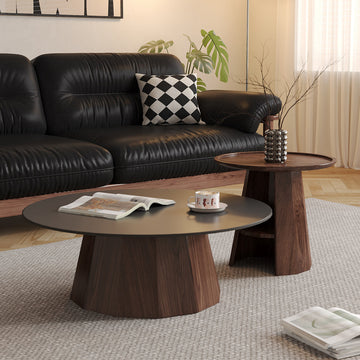 WEHOMZ Round High-Low Combo Coffee Table with Storage in Solid Wood & Black Slate